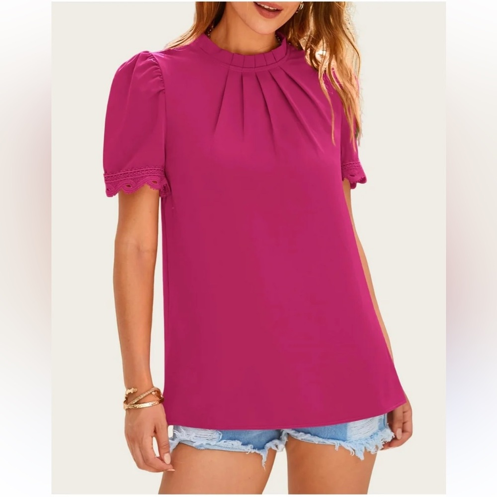 NWT casual dressy fuchsia pink blouse short puff sleeve lace pleat up collar XXL